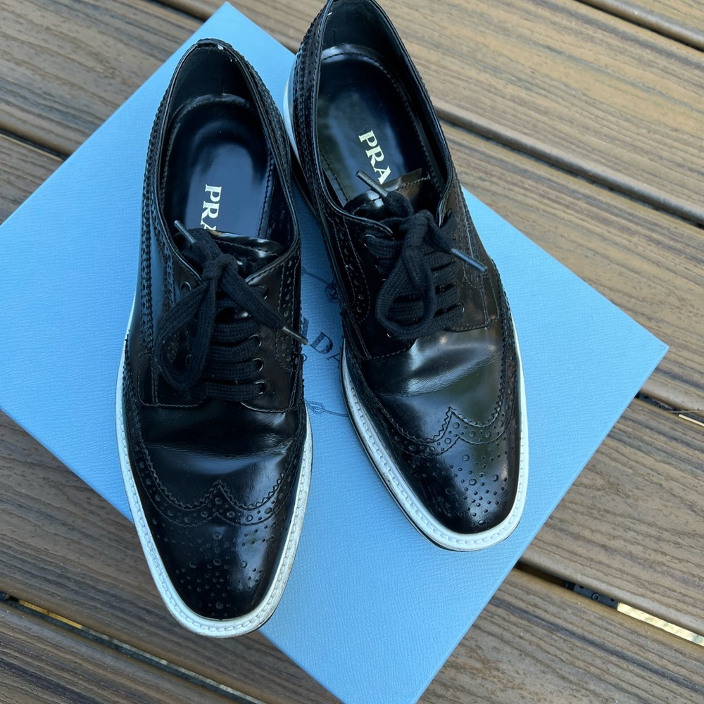 Prada lace up leather loafers for women size 37